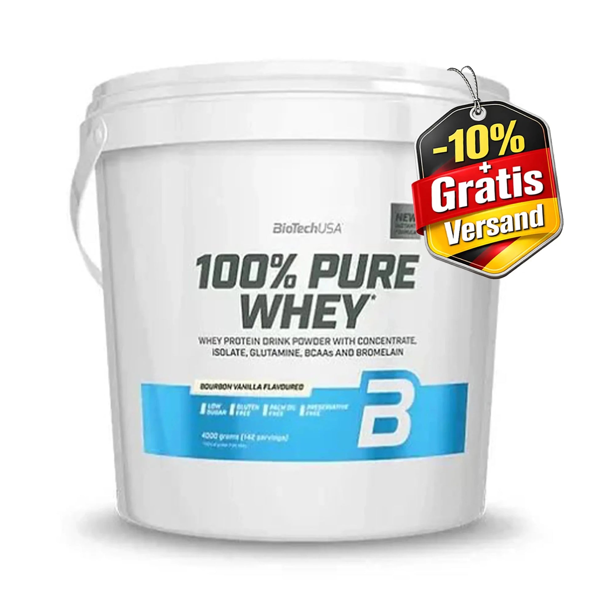 BiotechUSA 100% Pure Whey protein powder bucket with promotional tag on a white background