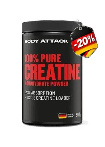 Body Attack 100% Pure Creatine Monohydrate Powder container with promotional tag on a white background - 20%