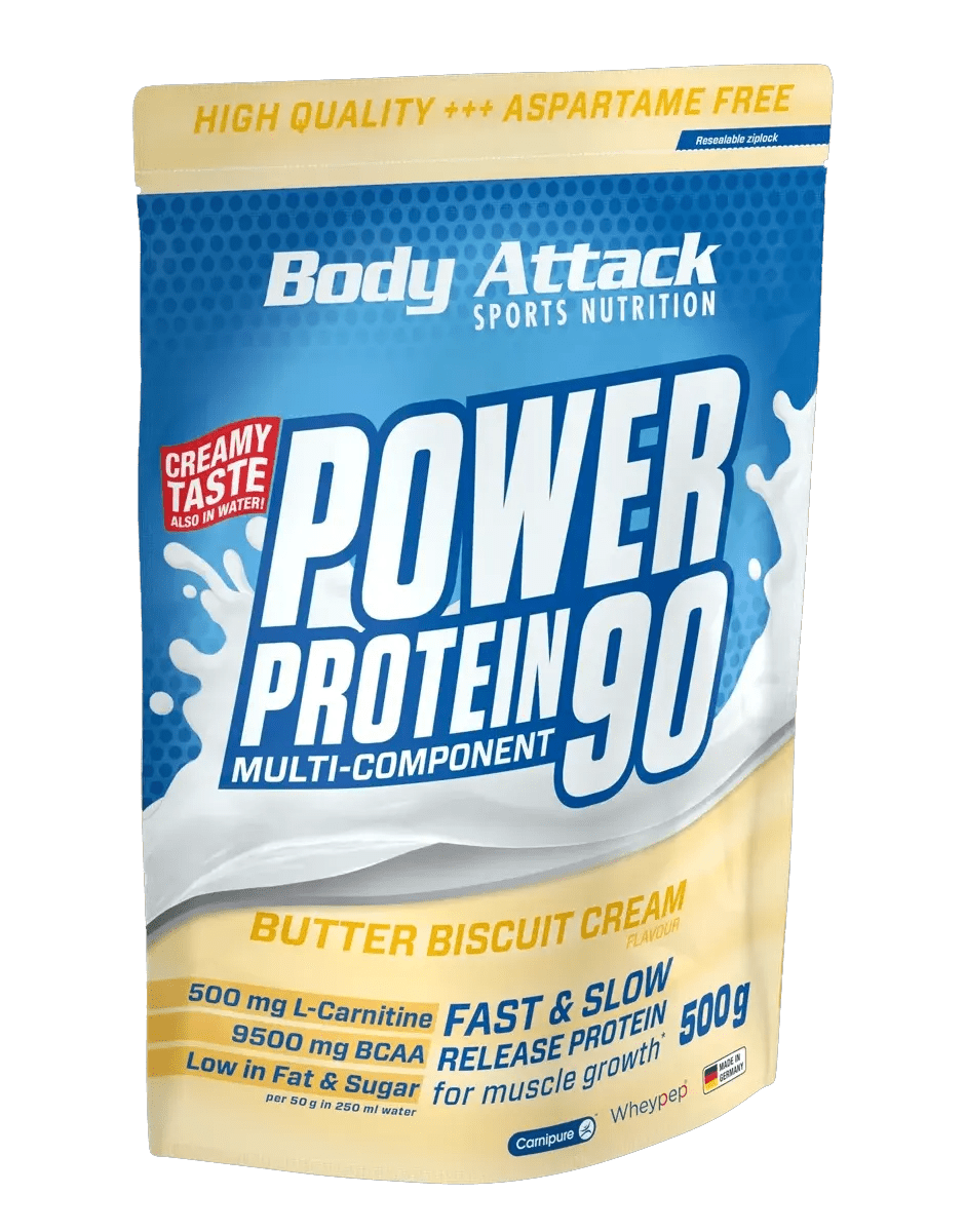 Body Attack Power Protein 90 package with blue and beige design