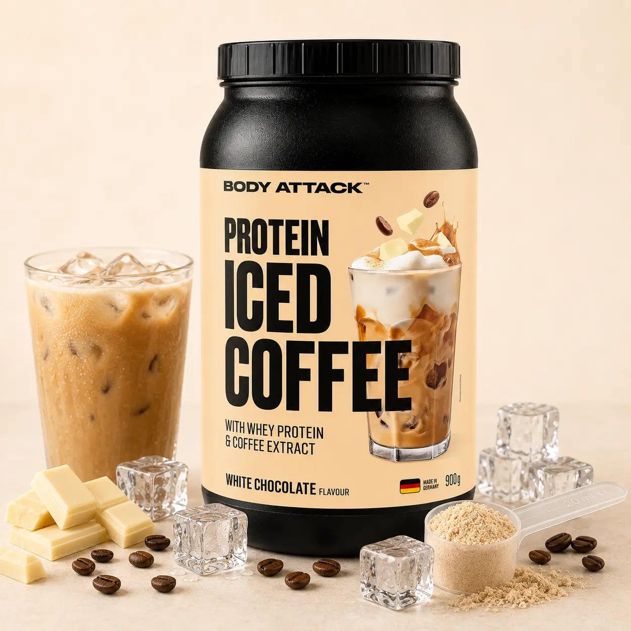 Body Attack Protein Iced Coffee 900 g mit Molkenprotein und Instantkaffee White Chocolate