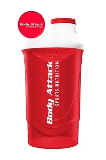 Red shaker bottle with 'Body Attack Sports Nutrition' branding on a white background