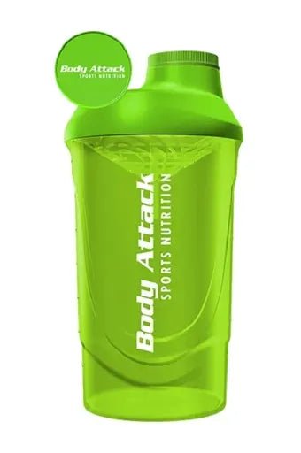 Green shaker bottle with 'Body Attack' branding on a white background