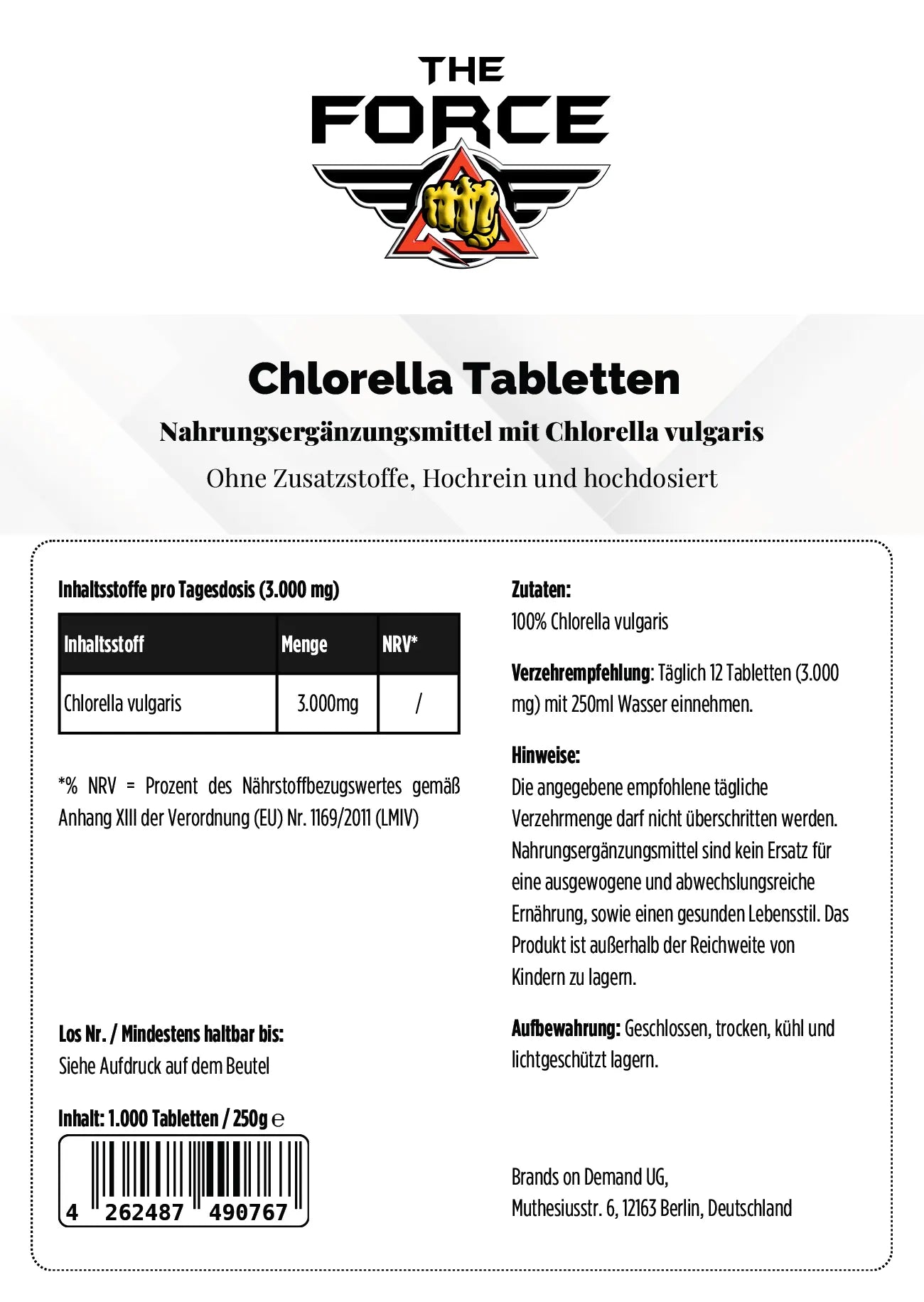 Back label of Chlorella tablets packaging with branding and product details.