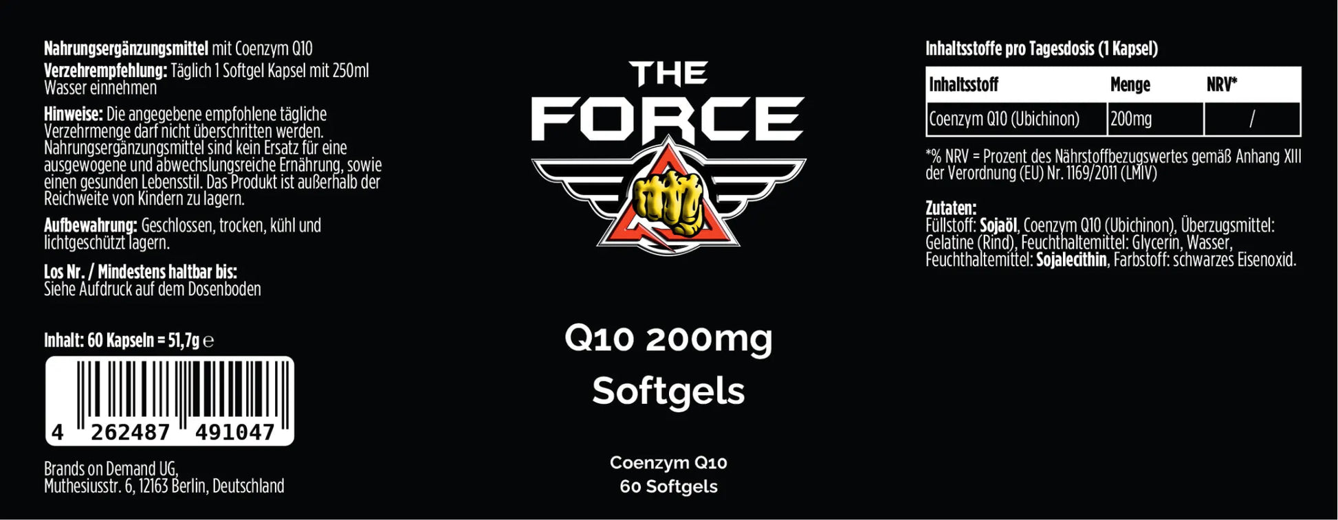 Label of 'The Force Q10 200mg Softgels' supplement with branding and product details.