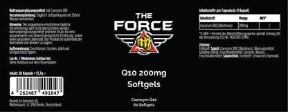 Label of 'The Force Q10 200mg Softgels' supplement with branding and product details.