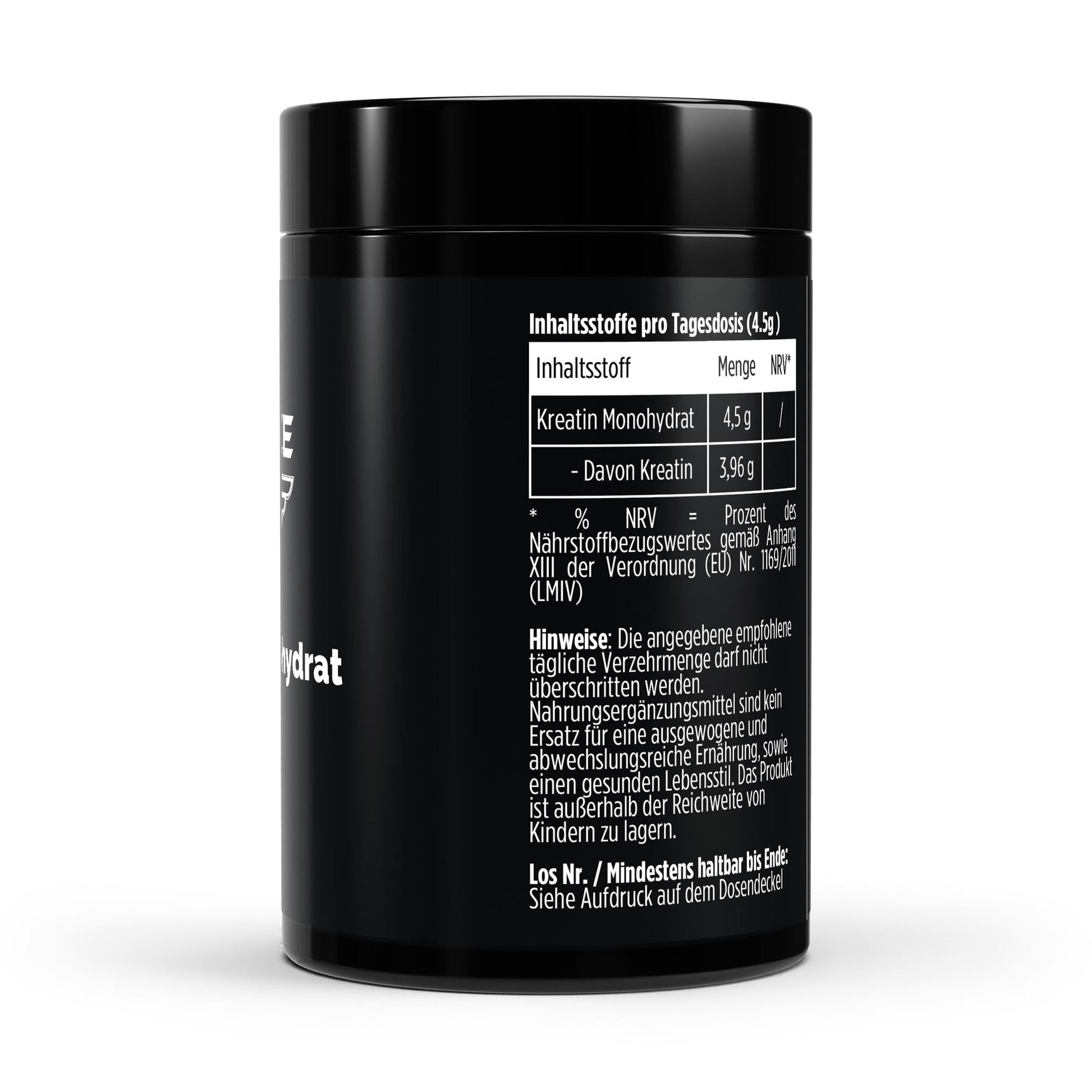 A black cylindrical supplement tub shown from the back on a clean white studio background, with German nutrition facts text printed in white.