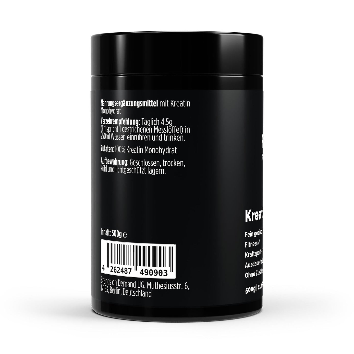 Black container with white text and a barcode on a white background