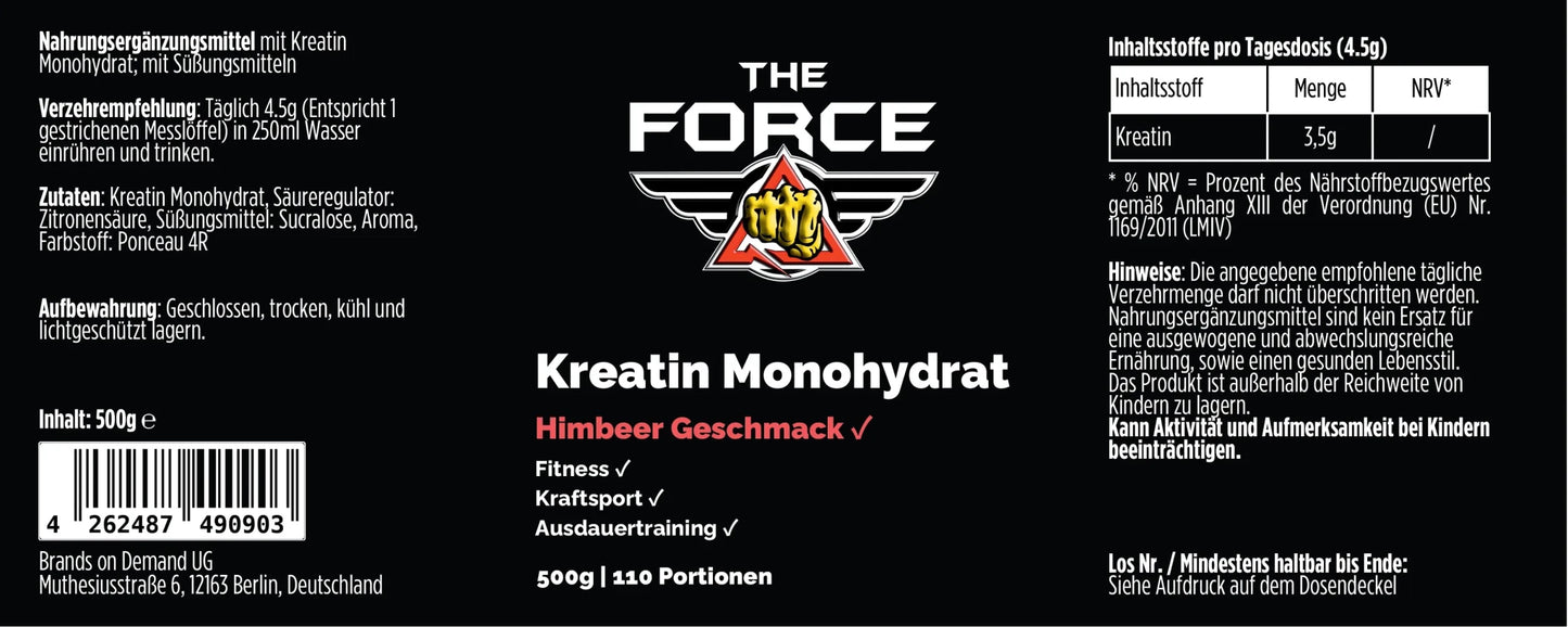 THE FORCE Creatin Monohydrat Himbeer 500g Kreatin Pulver Nahrungsergänzungsmittel.