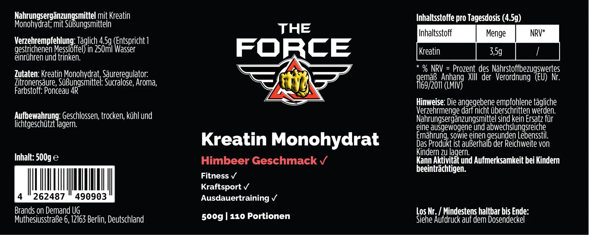 THE FORCE Creatin Monohydrat Himbeer 500g Kreatin Pulver Nahrungsergänzungsmittel.