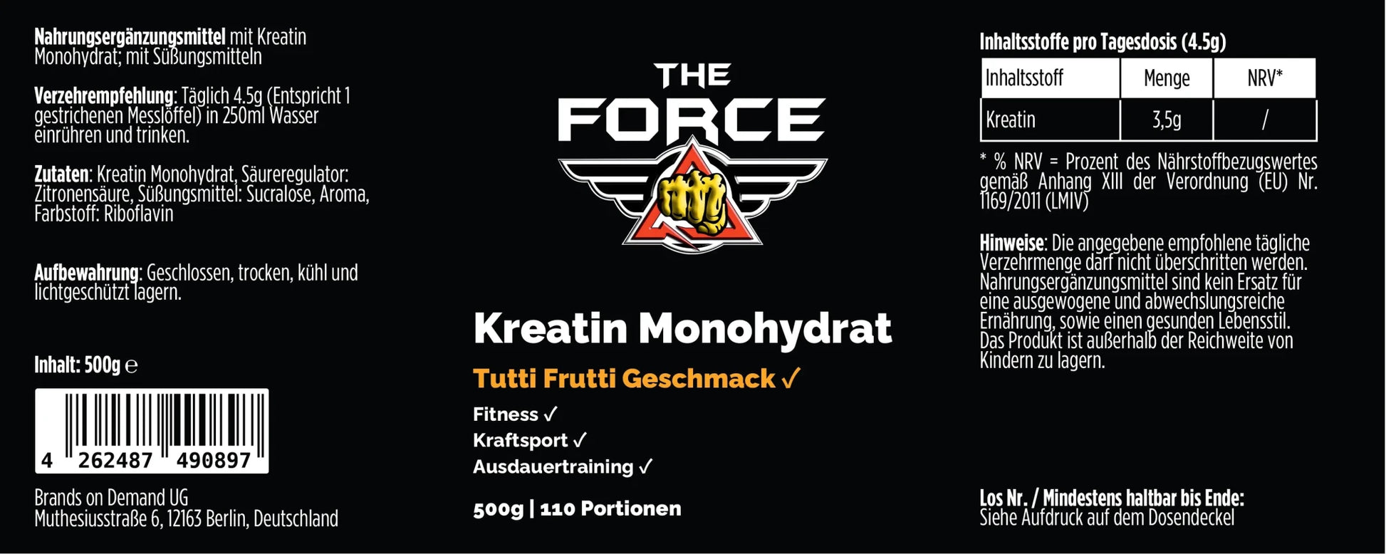 THE FORCE Creatin Monohydrat Tutti Frutti 500g Nahrungsergänzungsmittel