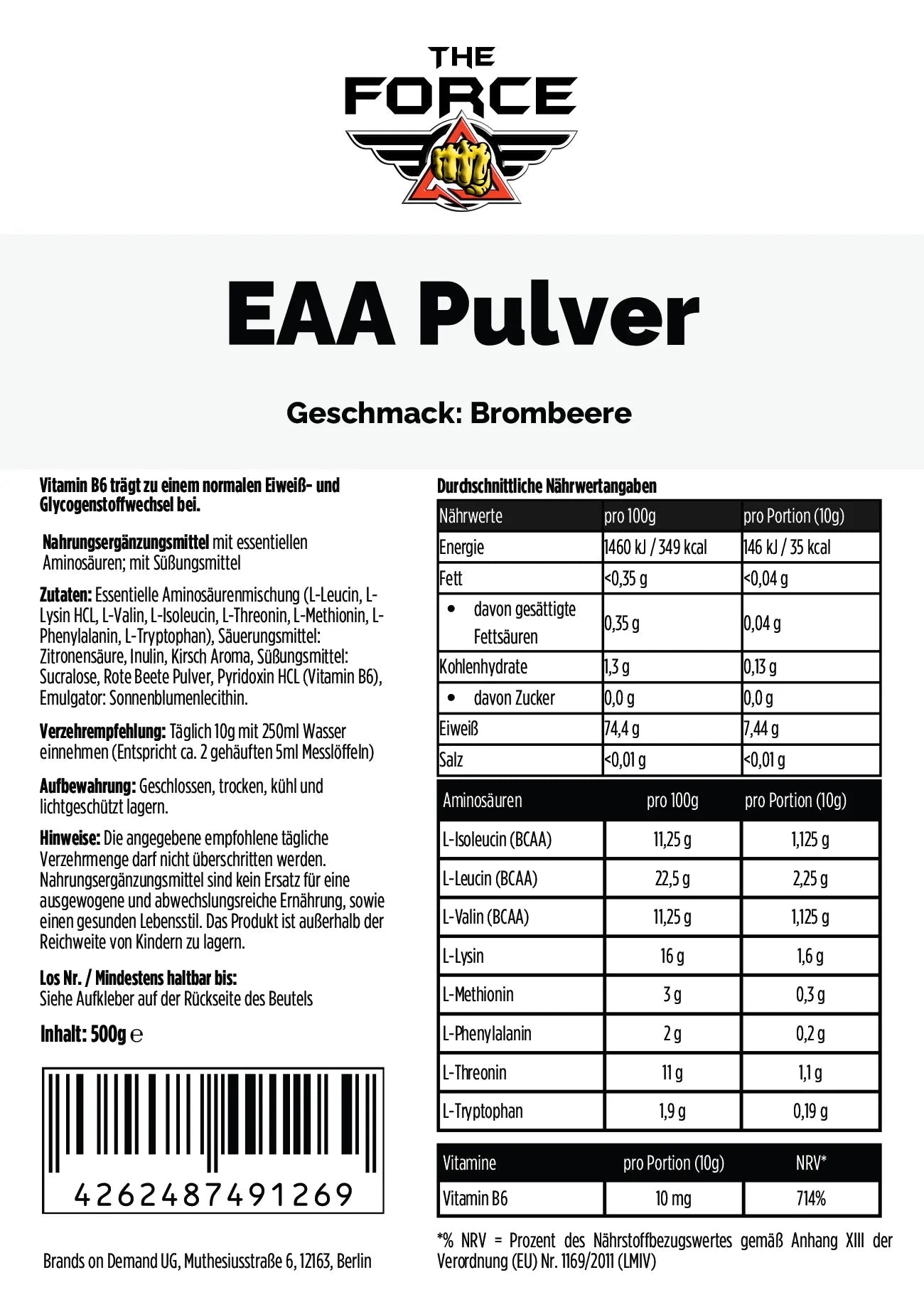 Nährwerttabelle The Force EAA Pulver Brombeere – 74,4 g Protein pro 100 g, alle 8 essentiellen Aminosäuren