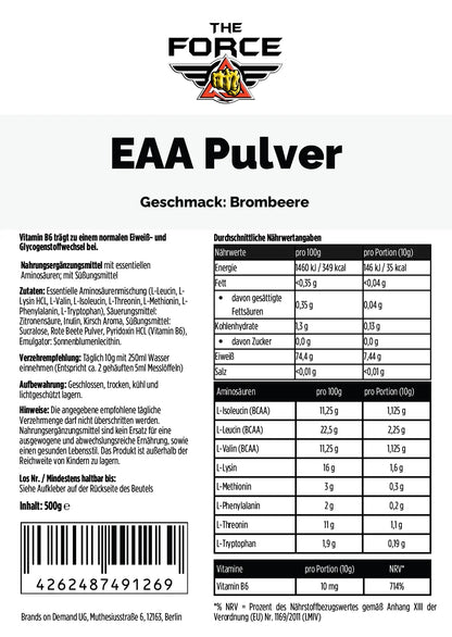 Nährwerttabelle The Force EAA Pulver Brombeere – 74,4 g Protein pro 100 g, alle 8 essentiellen Aminosäuren
