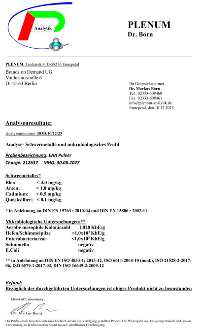 Technical report or certificate from PLENUM with various test results and certifications.