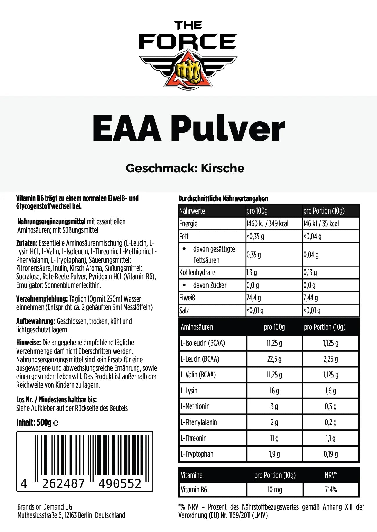 EAA Pulver Kirsche essentielle Aminosäuren THE FORCE