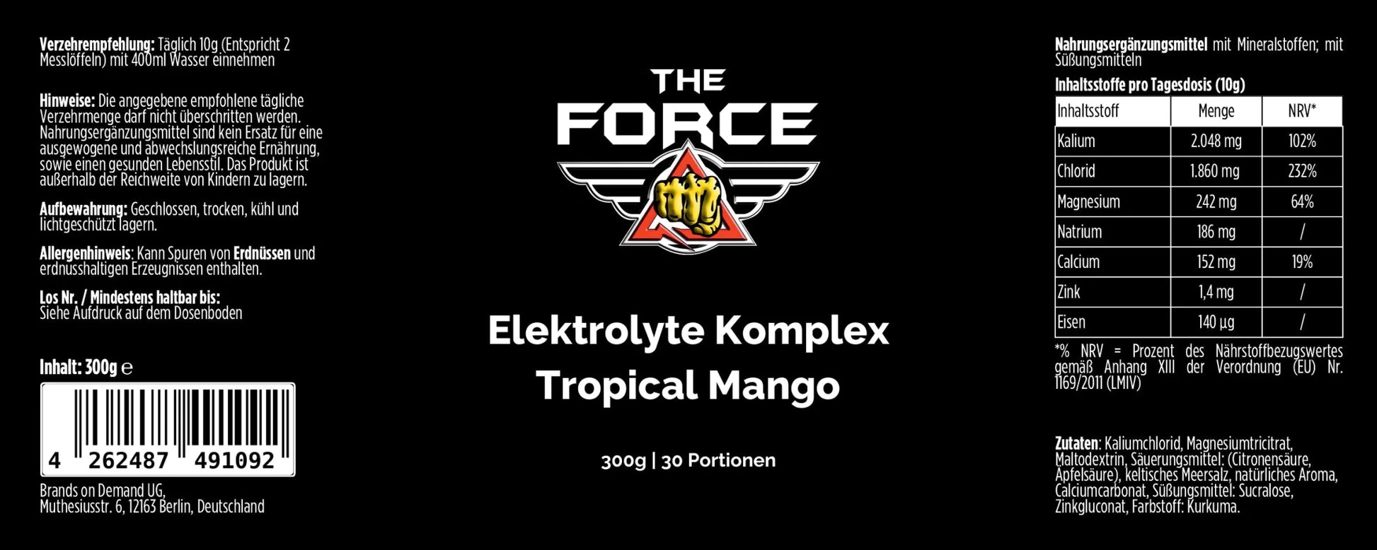 Label of 'The Force' electrolyte complex drink mix in tropical mango flavor.