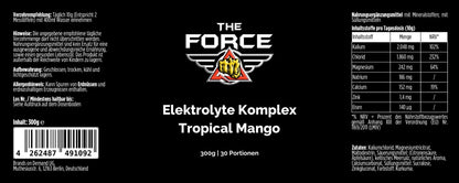 Label of 'The Force' electrolyte complex drink mix in tropical mango flavor.