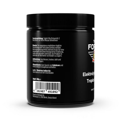 Black container with white text and a barcode on a white background