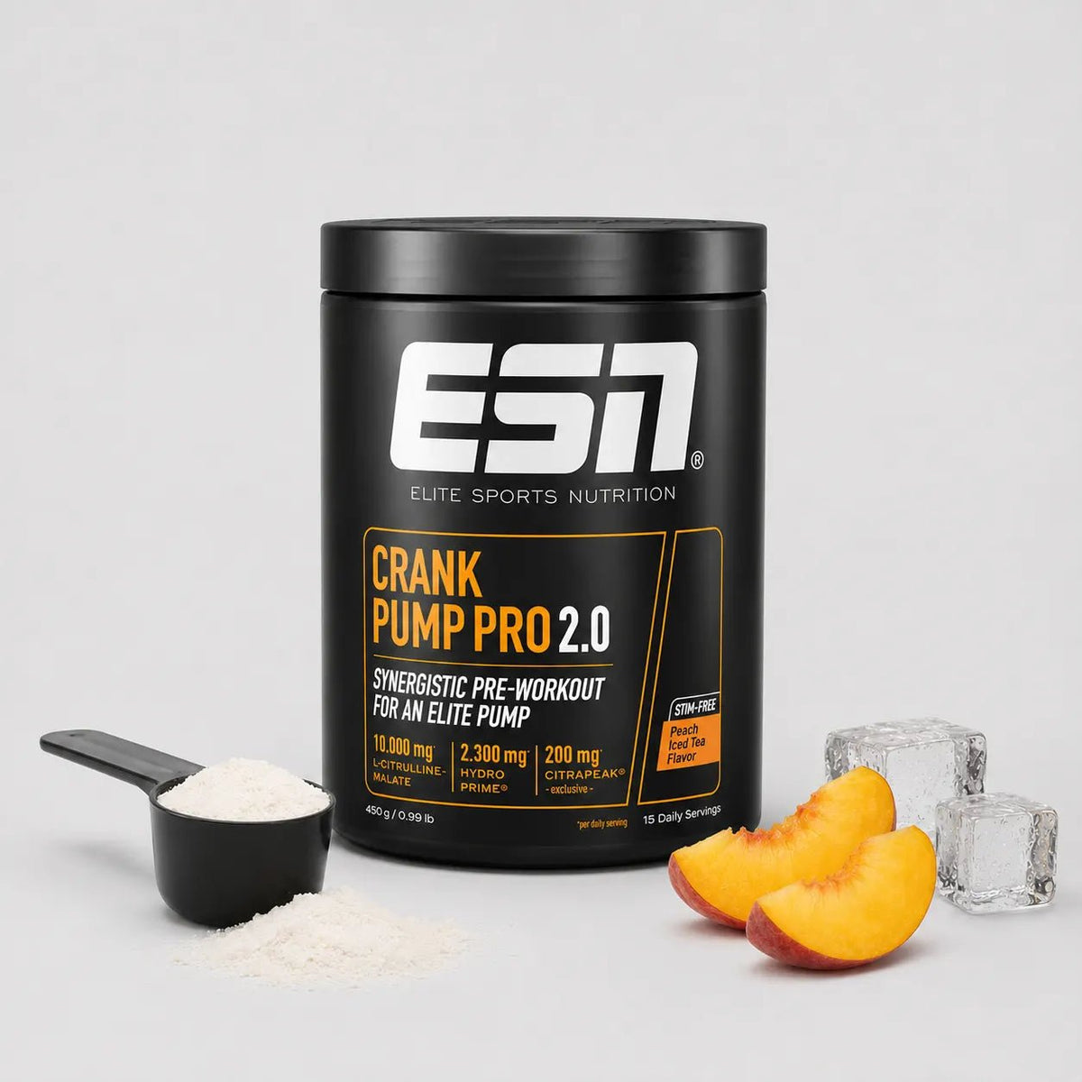 ESN Crank Pump Pro 2.0 450g – Peach Iced Tea, stimulanzienfreies Pre-Workout Pulver