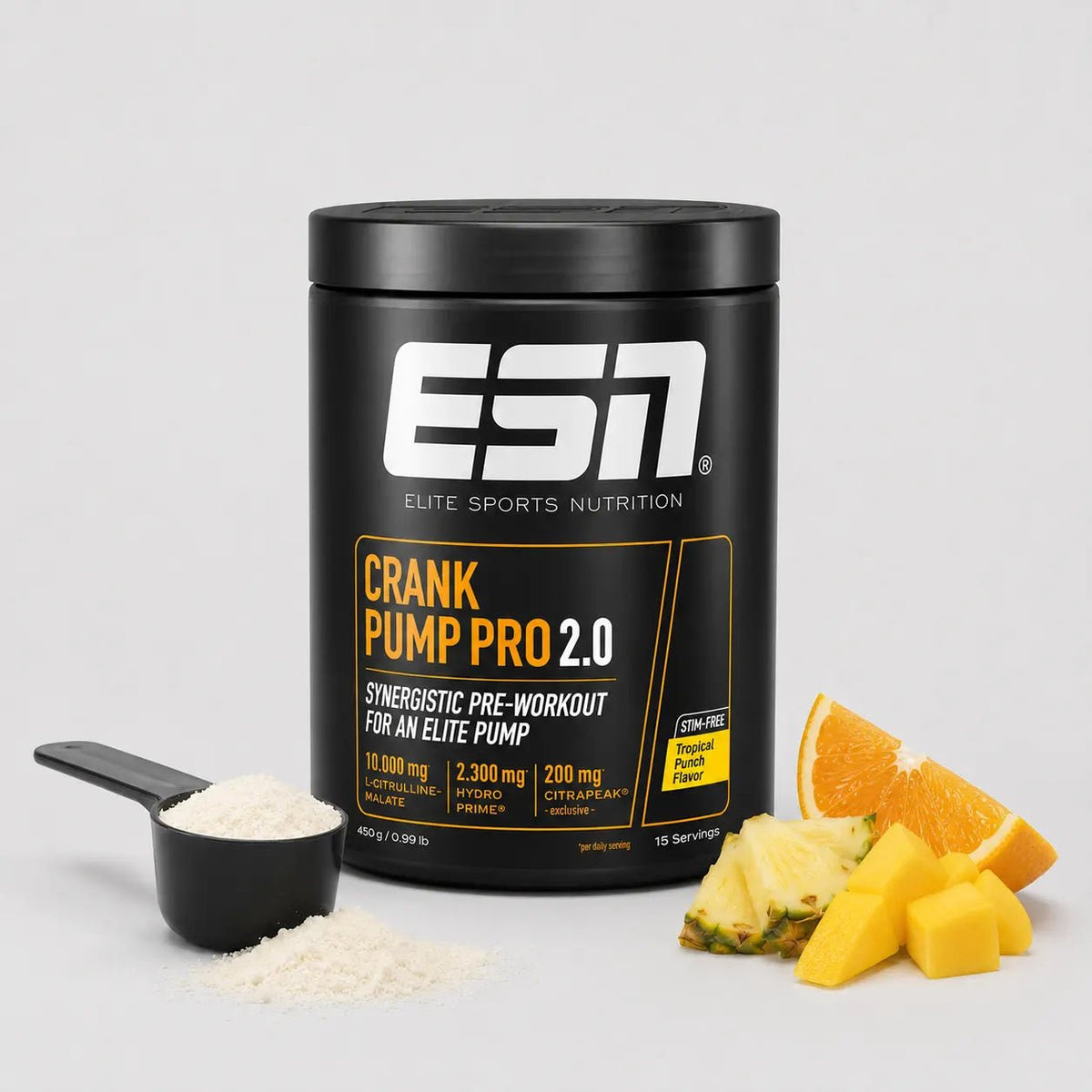 ESN Crank Pump Pro 2.0 450g – Tropical Punch, stimulanzienfreies Pre-Workout Pulver