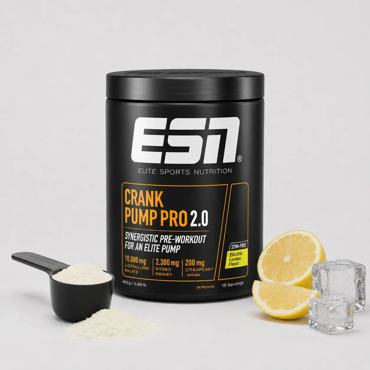 ESN Crank Pump Pro 2.0 450g – Electric Lemon, stimulanzienfreies Pre-Workout Pulver