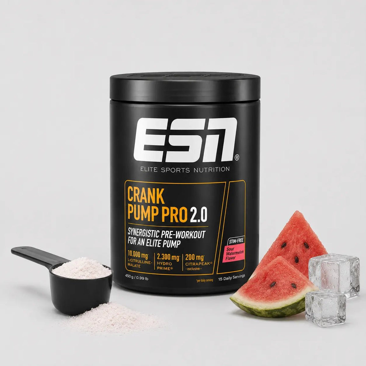 ESN Crank Pump Pro 2.0 450g – Sour Watermelon, stimulanzienfreies Pre-Workout Pulver