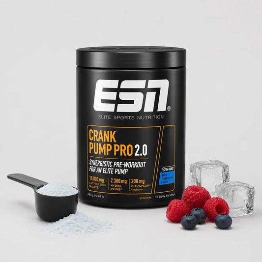 ESN Crank Pump Pro 2.0 450g – Blue Raspberry, stimulanzienfreies Pre-Workout Pulver