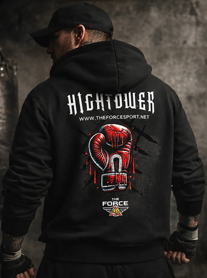 Person wearing a black hoodie with 'Hightower' branding and graphic design on the back.