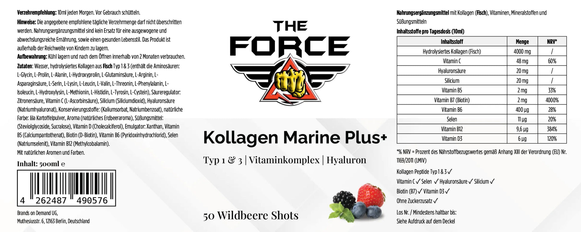 Kollagen Marine Plus+ - 50 Shots - Wildbeere - 500ml - THE FORCE SPORT