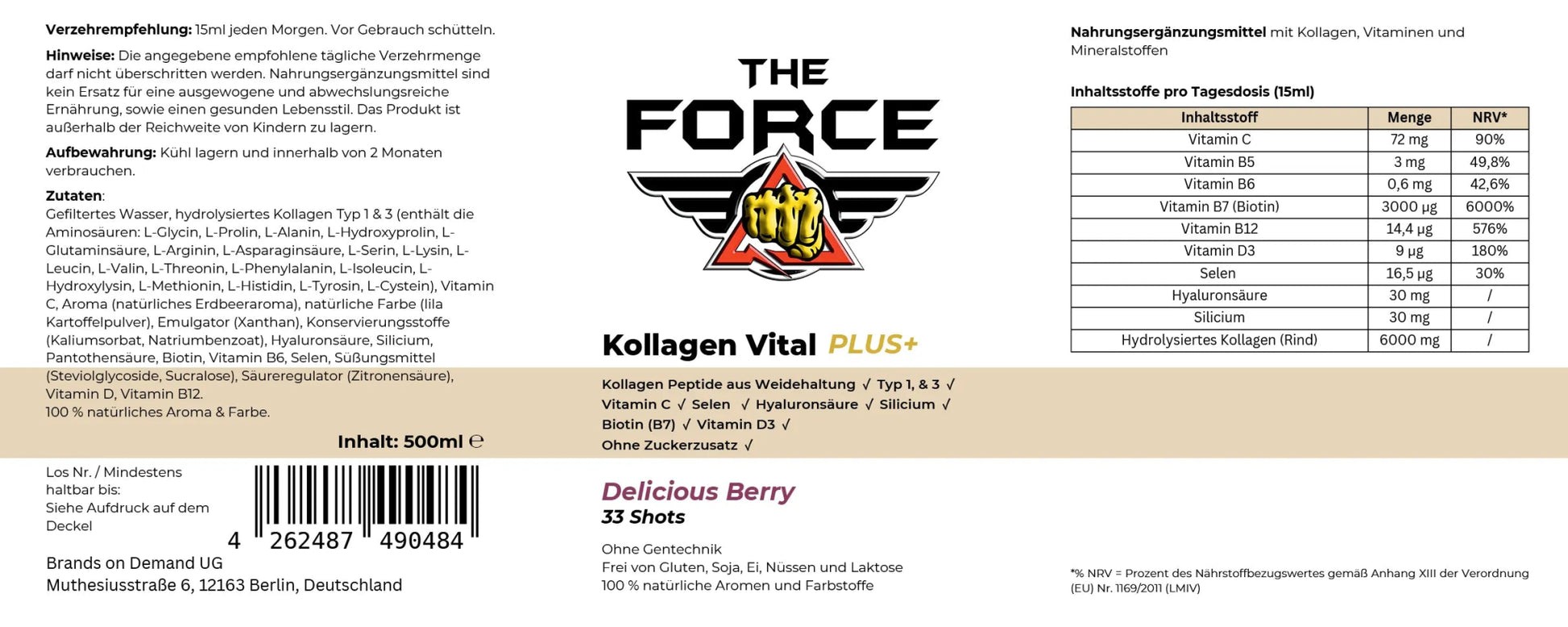 Kollagen Vital PLUS+ Shots - Wild Berry - 500ml - THE FORCE SPORT