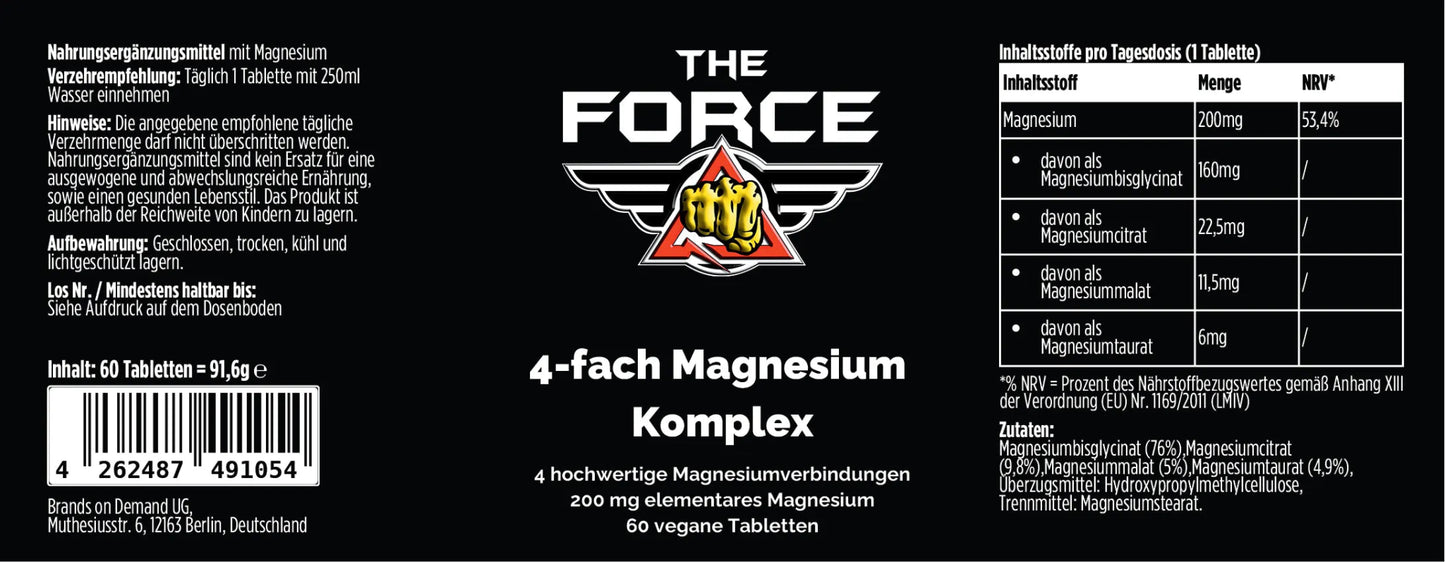 Label of 'The Force Hits' supplement packaging with text and nutritional information.