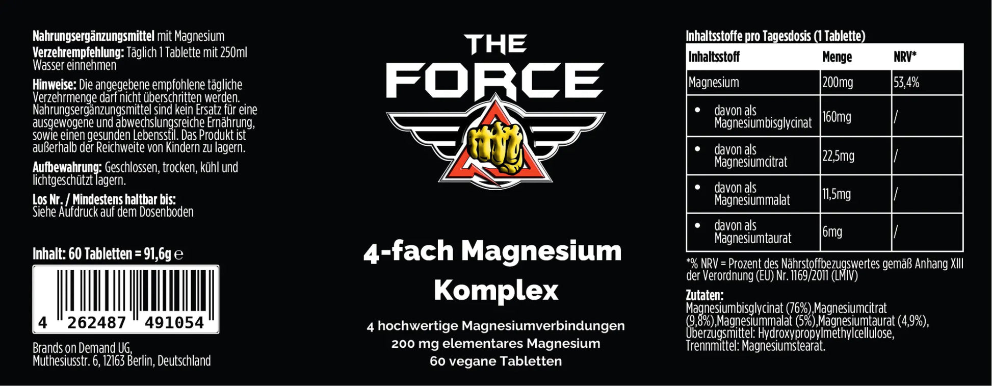 Label of 'The Force Hits' supplement packaging with text and nutritional information.