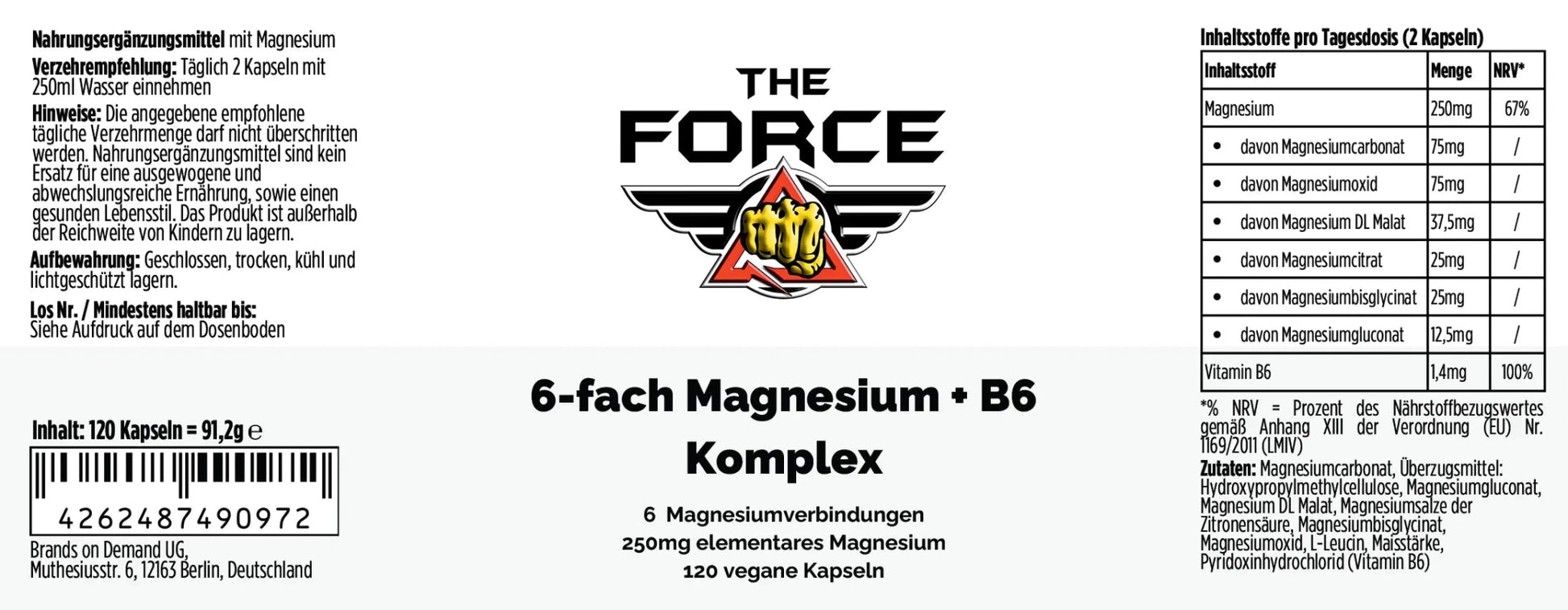 THE FORCE 6 fach Magnesium B6 Komplex 120 vegane Kapseln Nahrungsergänzung