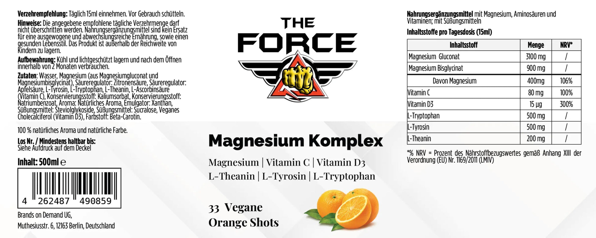 THE FORCE Magnesium Complex bottle – vegan magnesium orange shots 500 ml