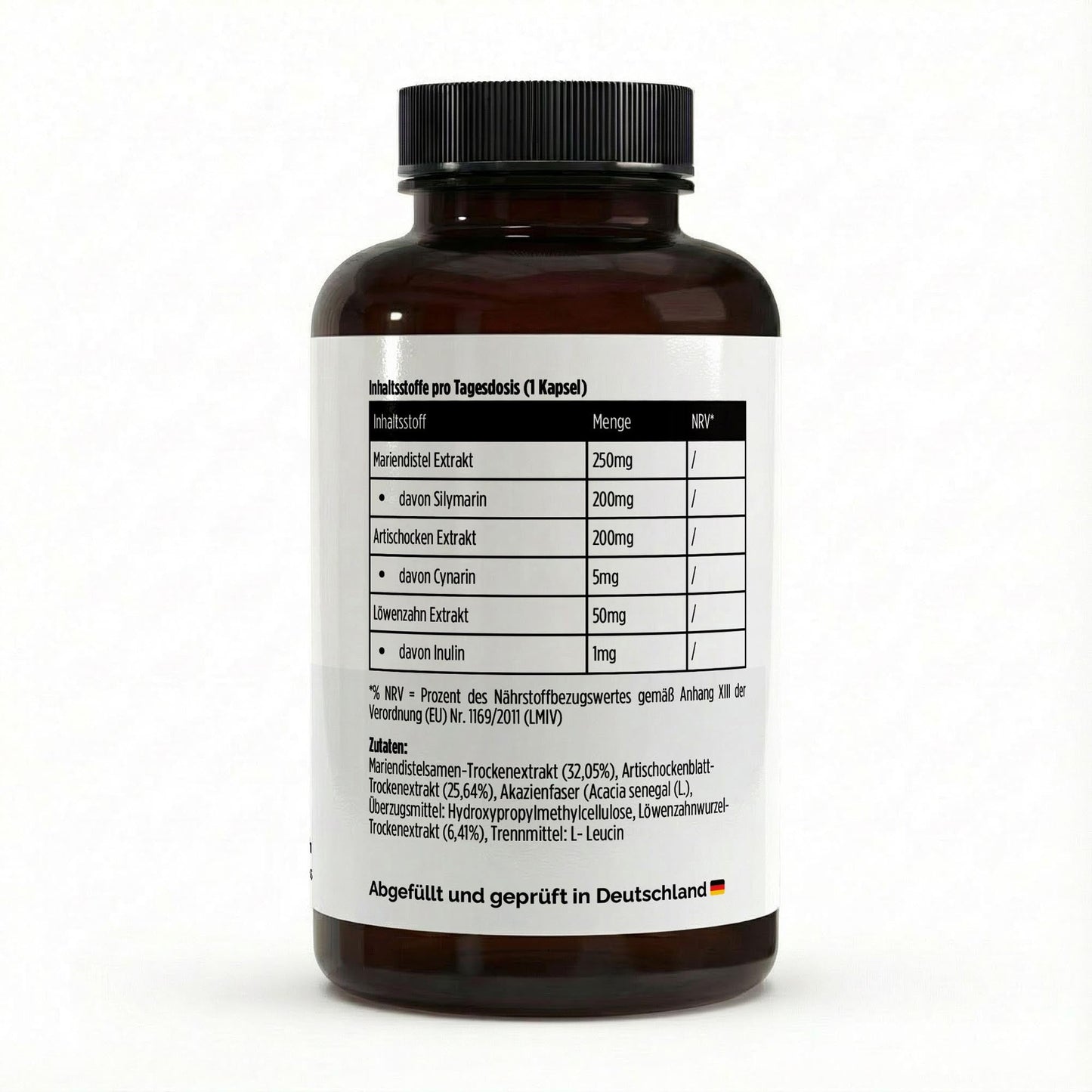 Brown supplement bottle with a label on a white background