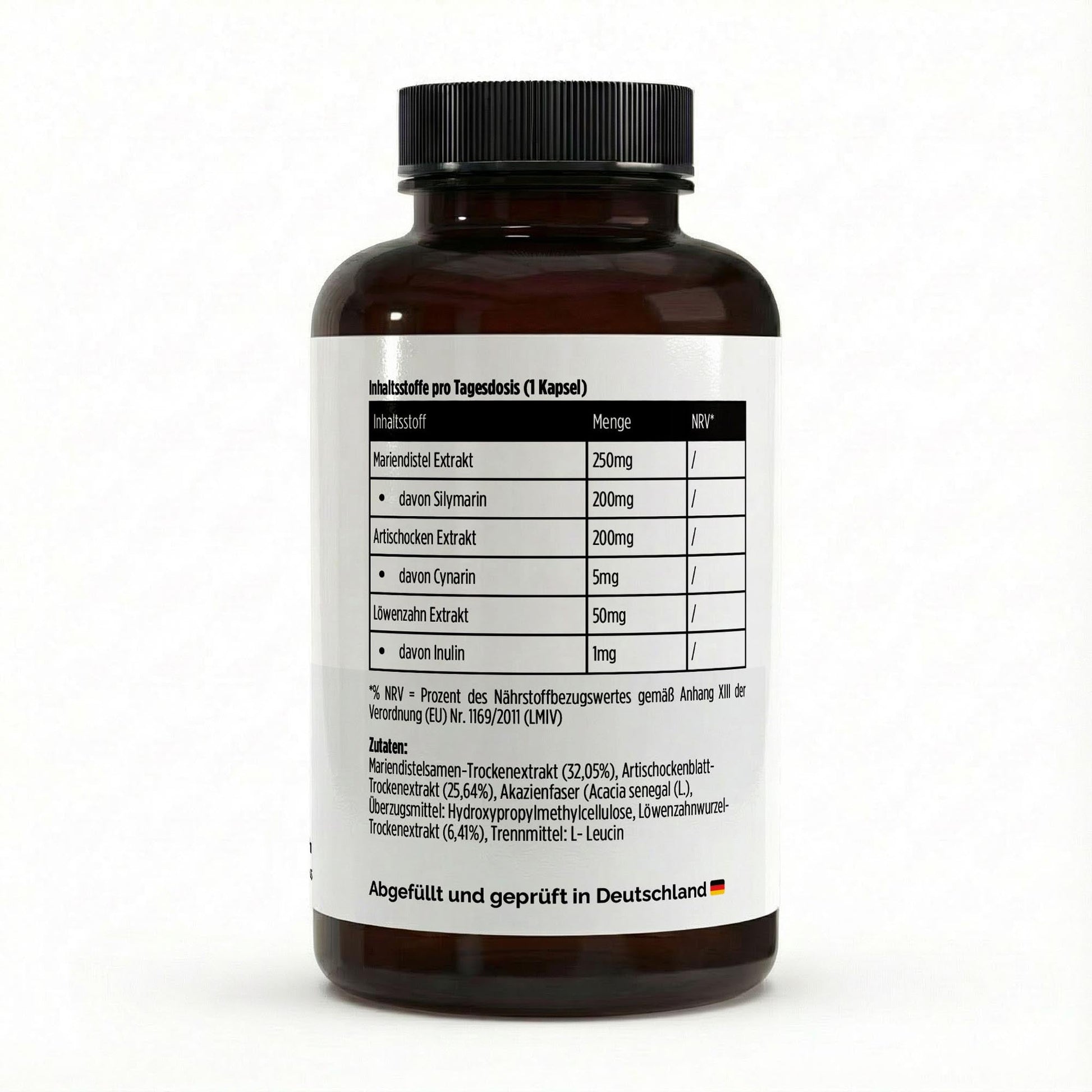 Brown supplement bottle with a label on a white background