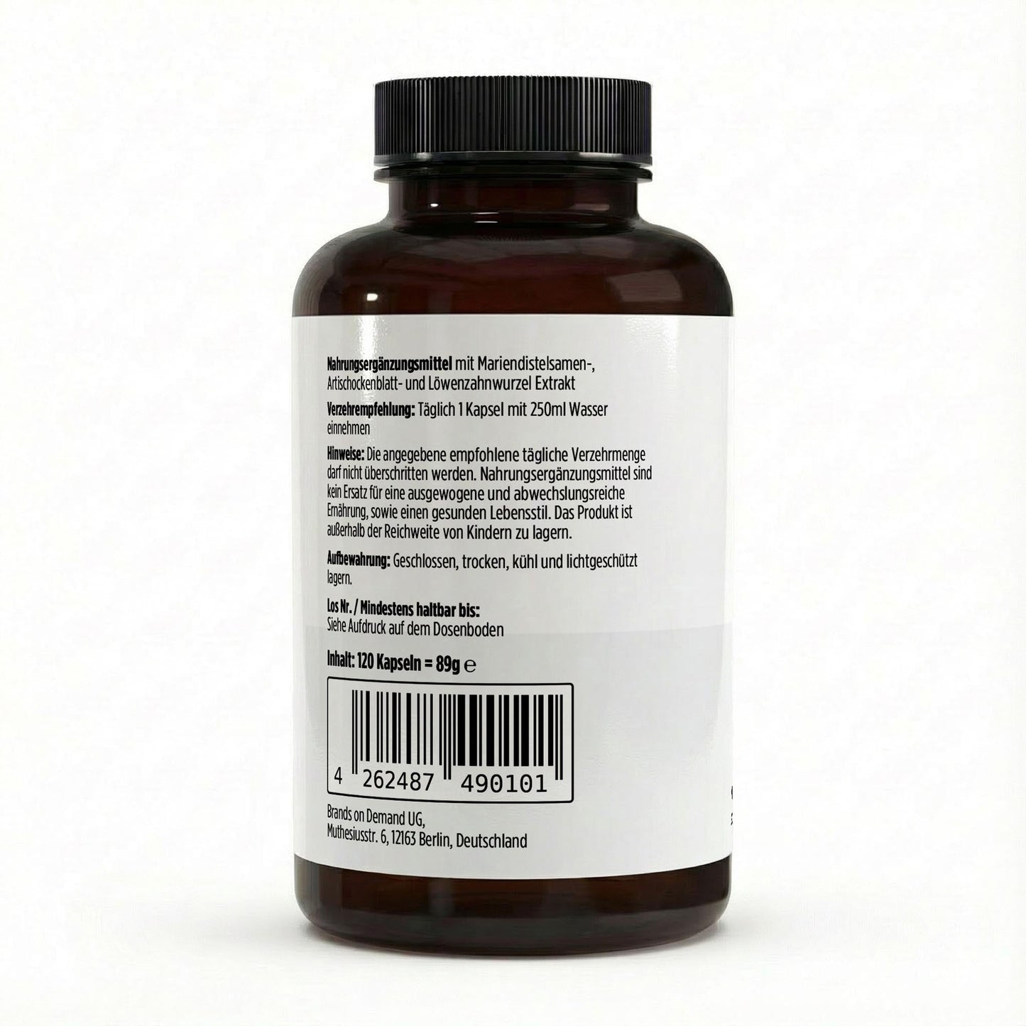 Brown supplement bottle with a white label on a white background