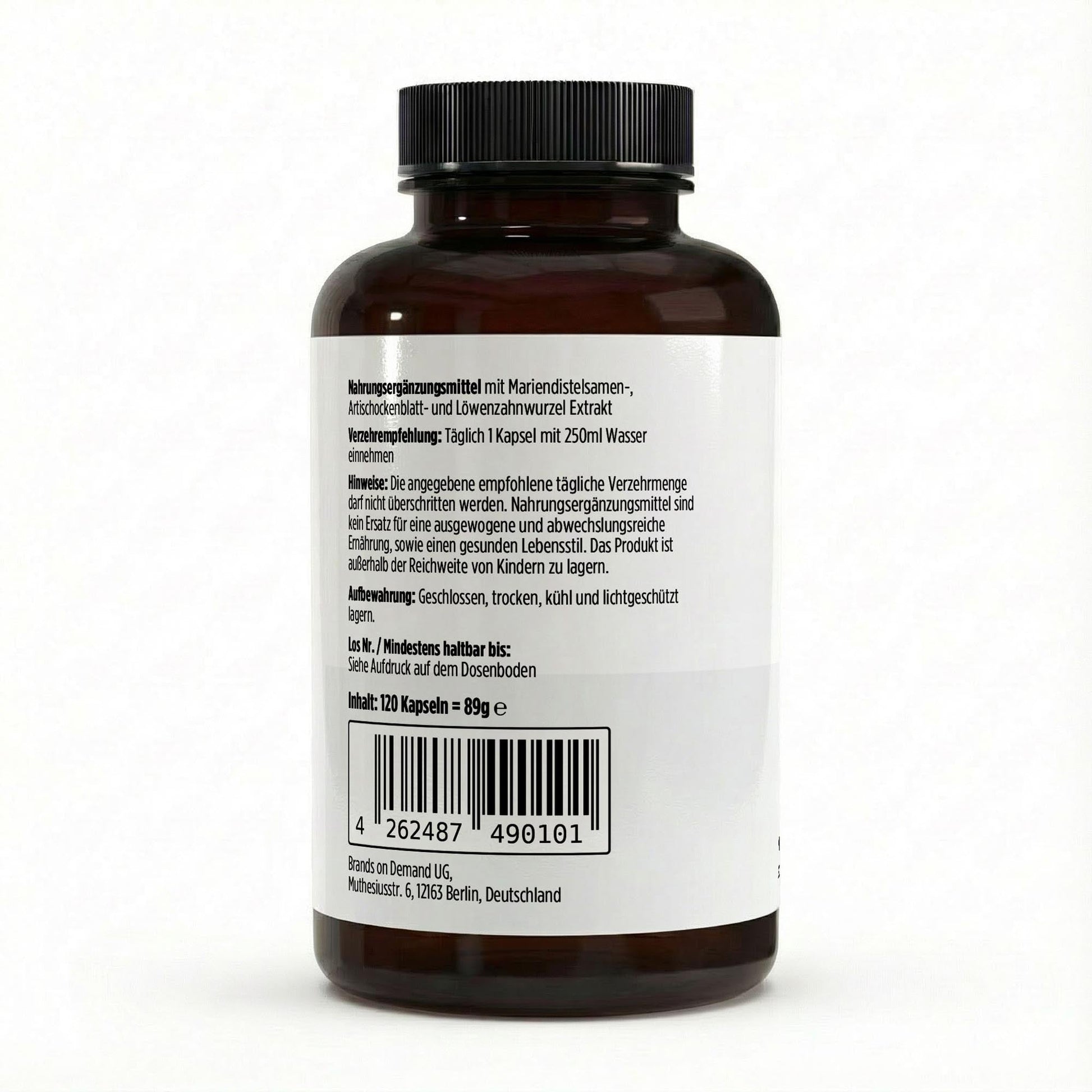 Brown supplement bottle with a white label on a white background
