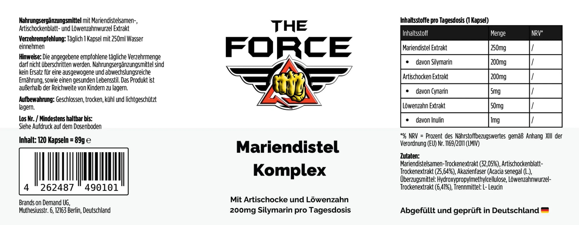 Label of 'The Force' Mariendistel Komplex supplement with text and logo.