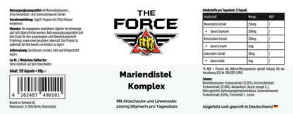 Label of 'The Force' Mariendistel Komplex supplement with text and logo.