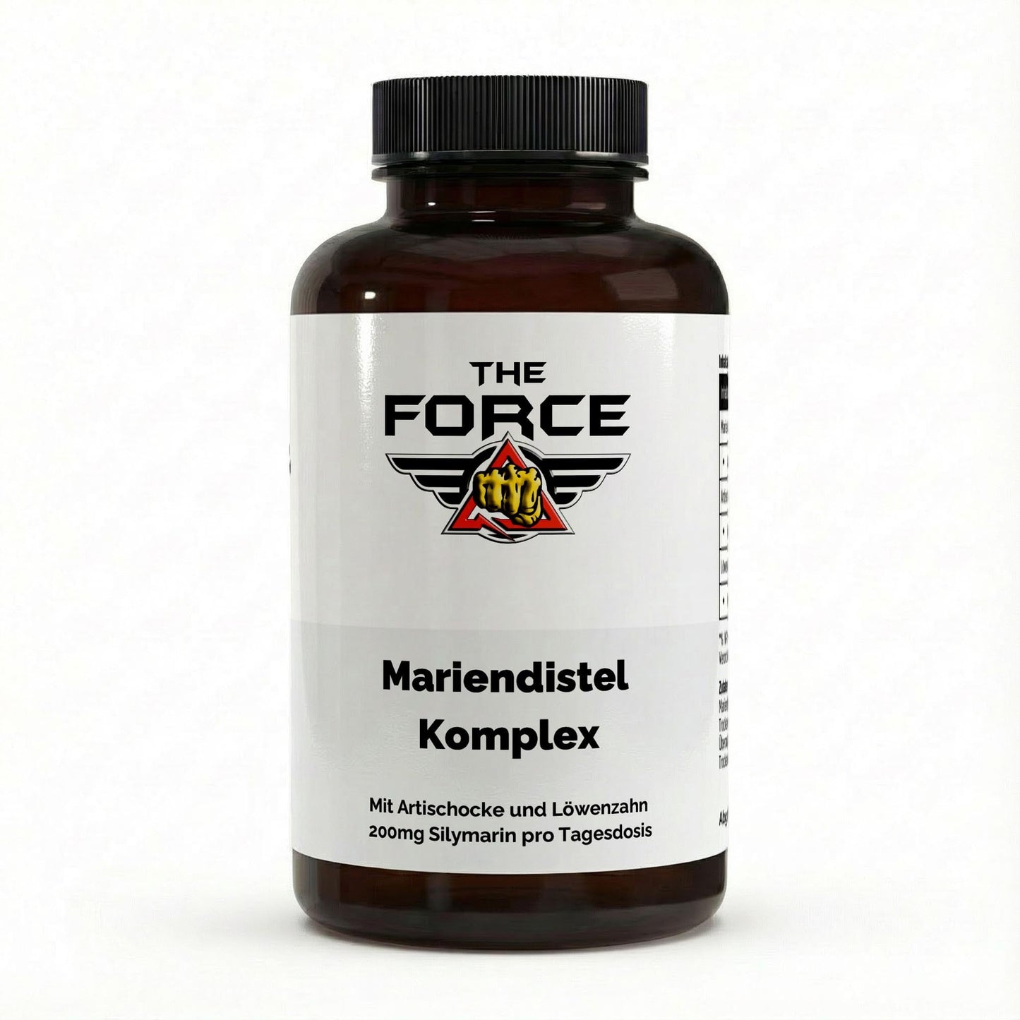 Bottle of 'The Force Mariendistel Komplex' supplement on a white background