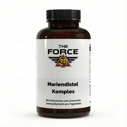 Bottle of 'The Force Mariendistel Komplex' supplement on a white background