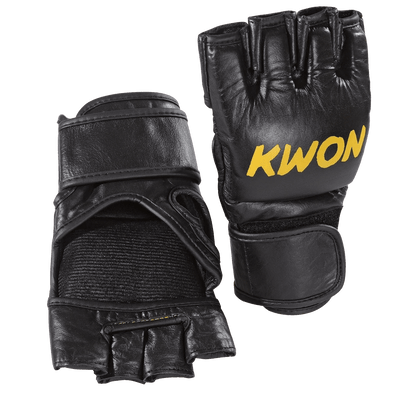 A pair of black leather fingerless MMA sparring gloves on a solid white background, with one glove showing the back of hand and the other showing the palm side with a yellow KWON logo.