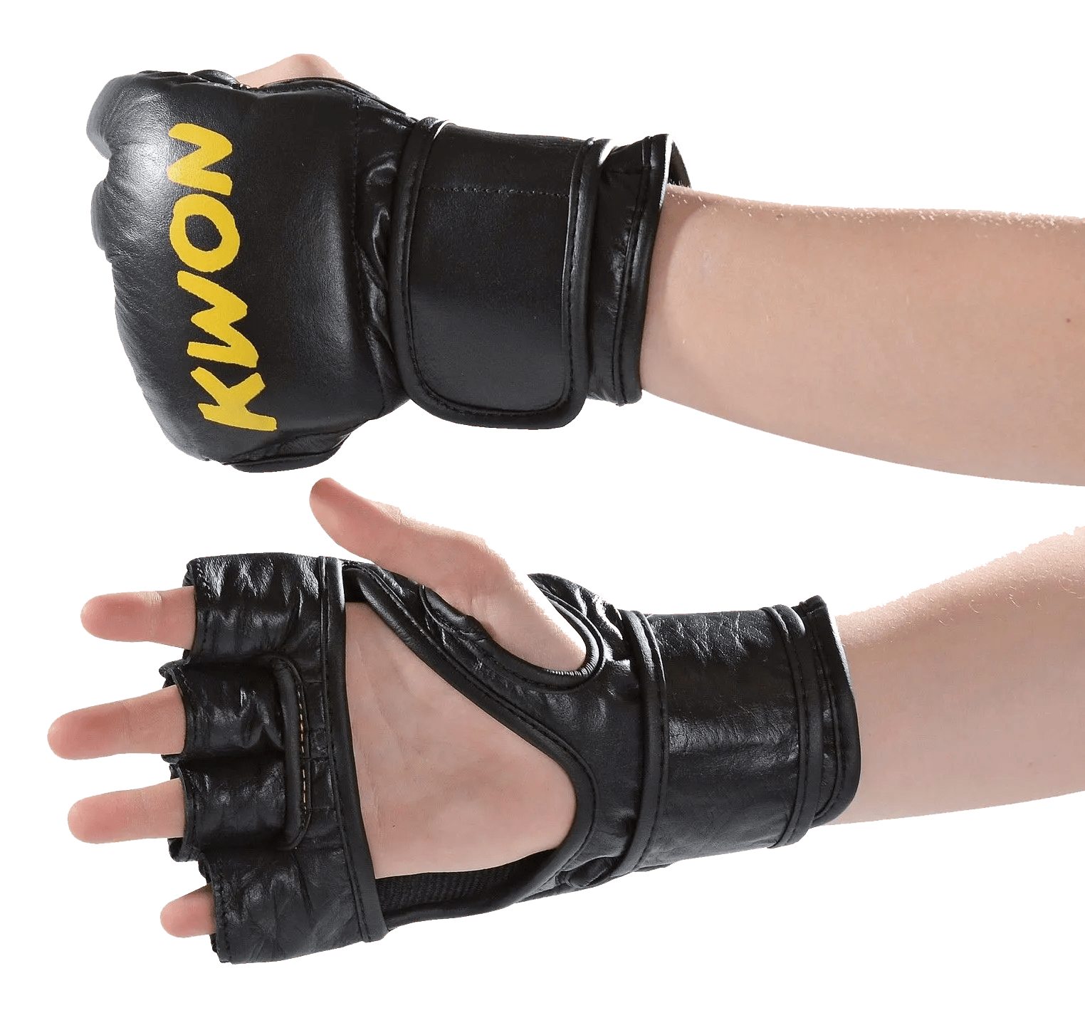 A pair of black leather Kwon-style MMA sparring gloves shown on hands against a white background, with one glove closed and one open to display the finger openings and wrist strap.