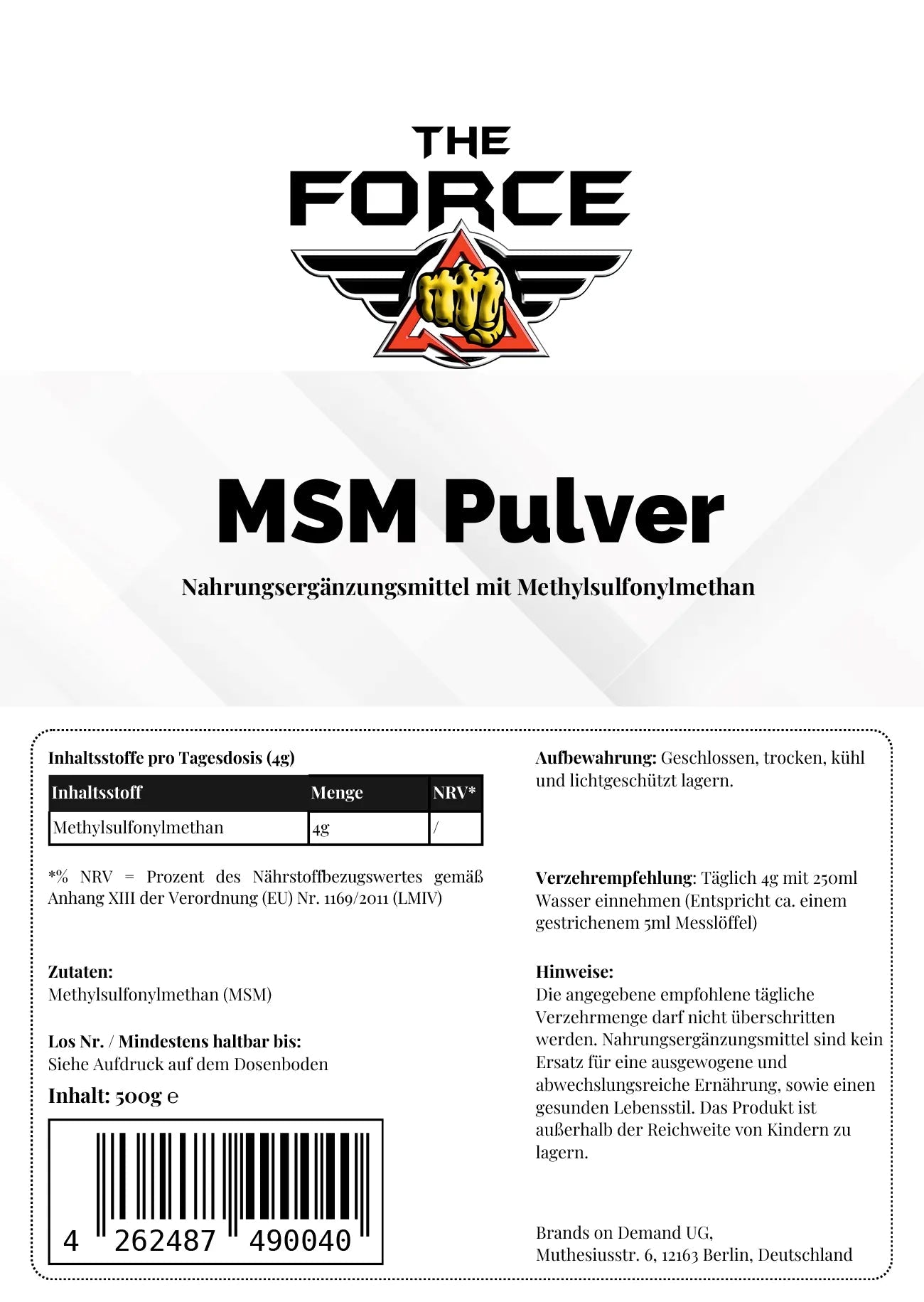 Label for MSM Pulver with 'The Force' branding and product details.