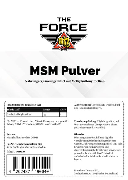 Label for MSM Pulver with 'The Force' branding and product details.