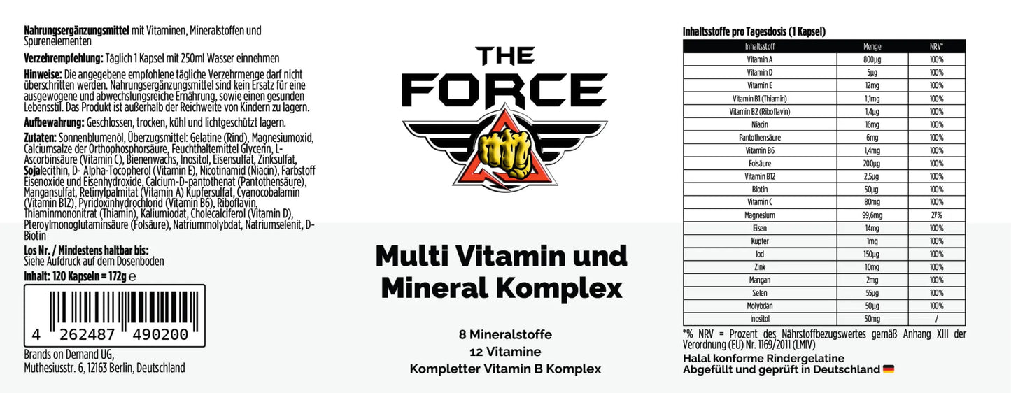 Multivitamin supplement label with 'The Force' branding and product details.