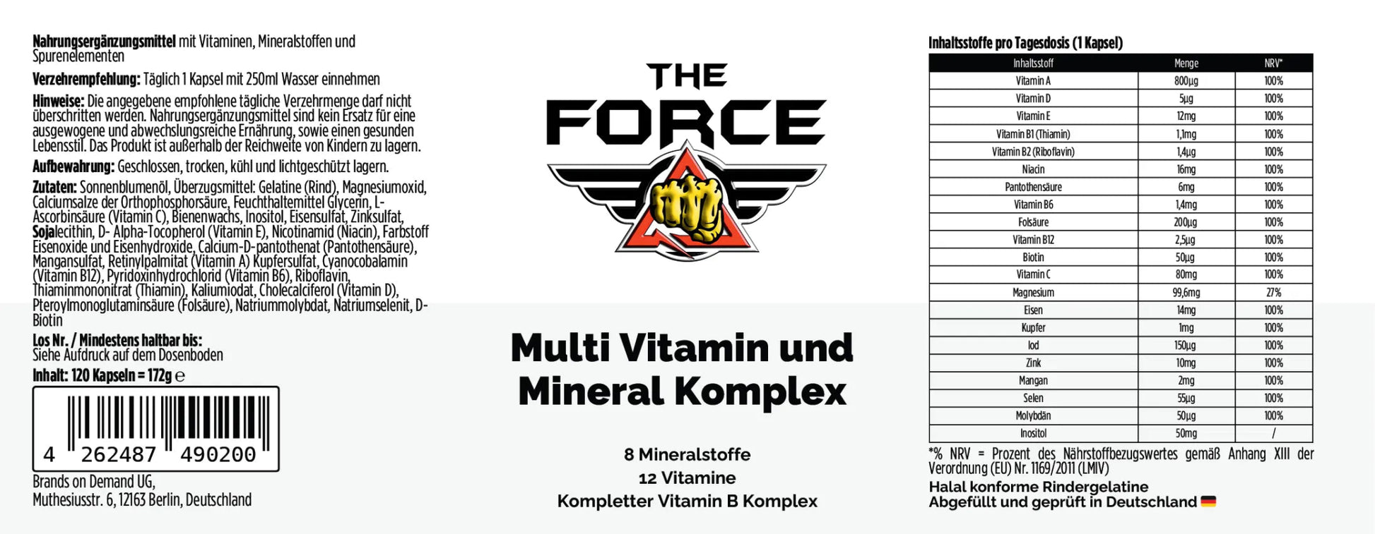 Multivitamin supplement label with 'The Force' branding and product details.