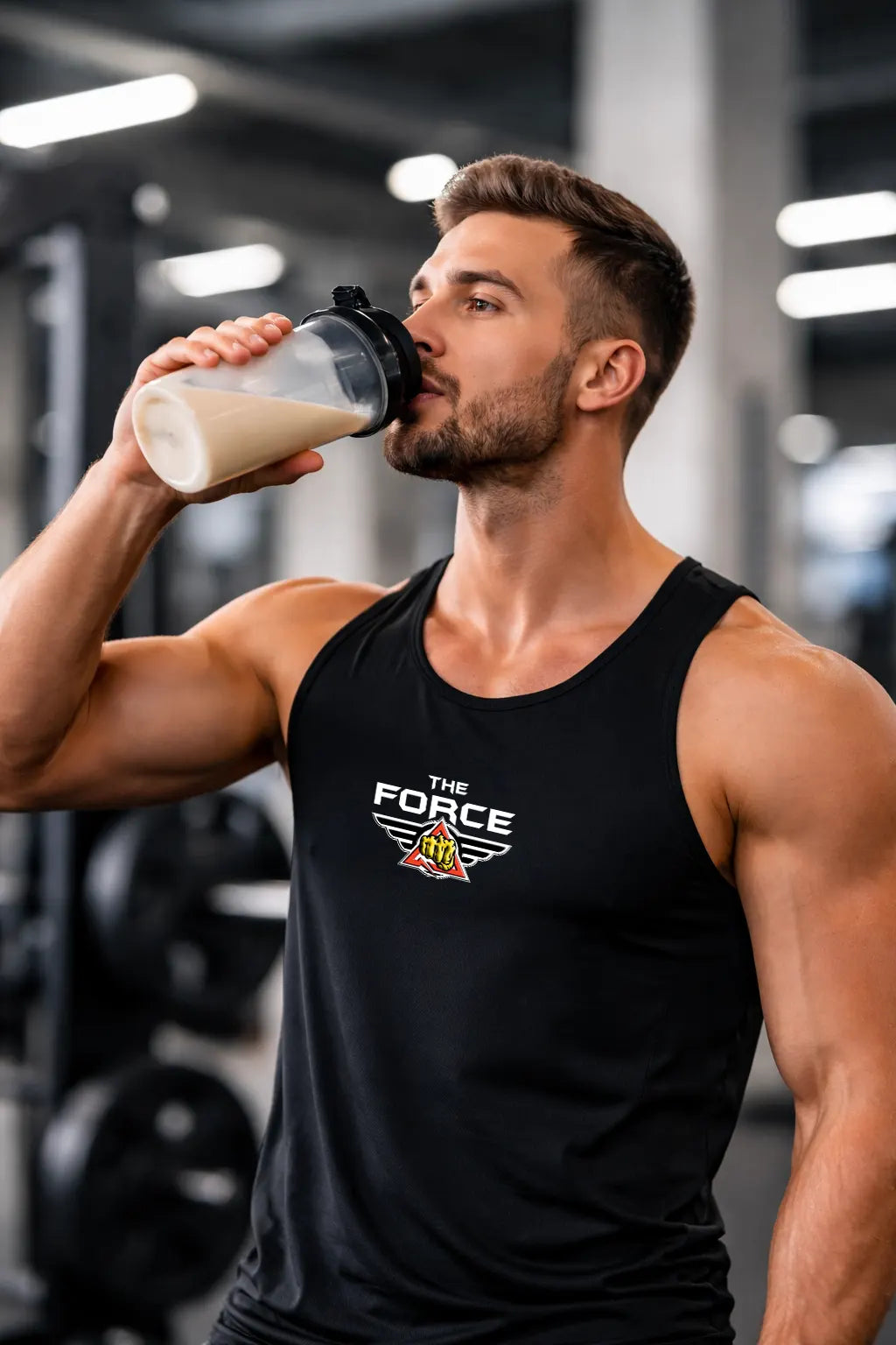 Athlet trinkt Protein Shake nach Fitness Training für Muskelaufbau