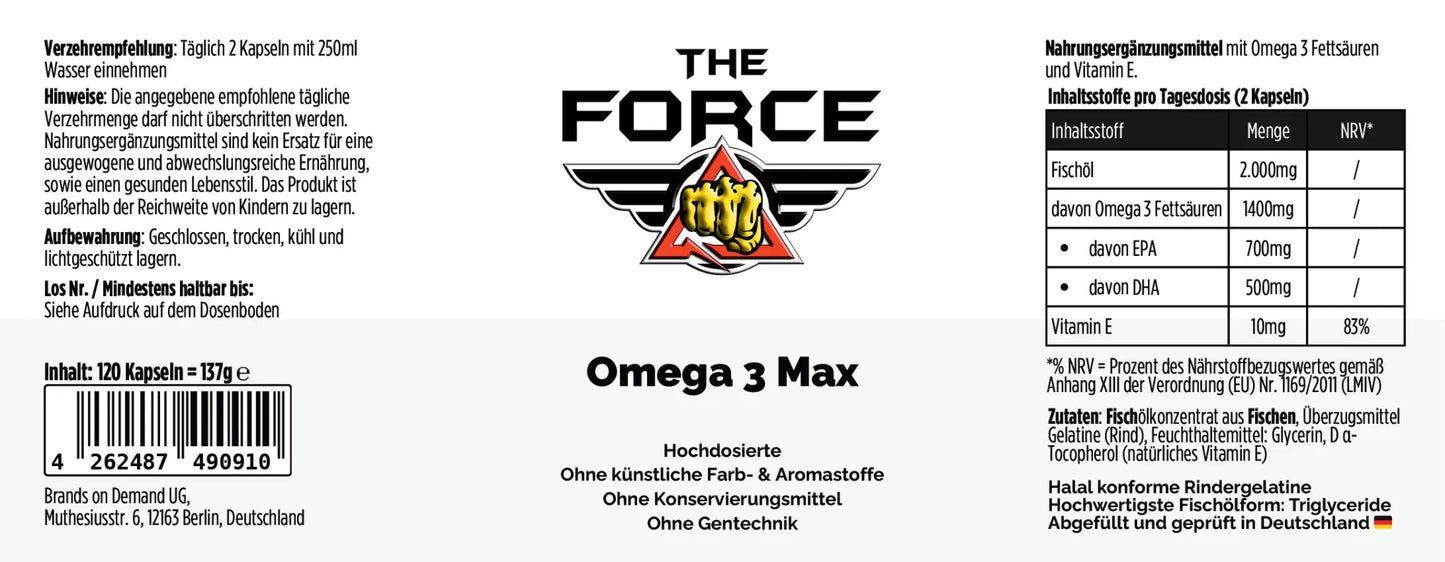 Label of 'The Force' Omega 3 Max supplement with branding and product details.