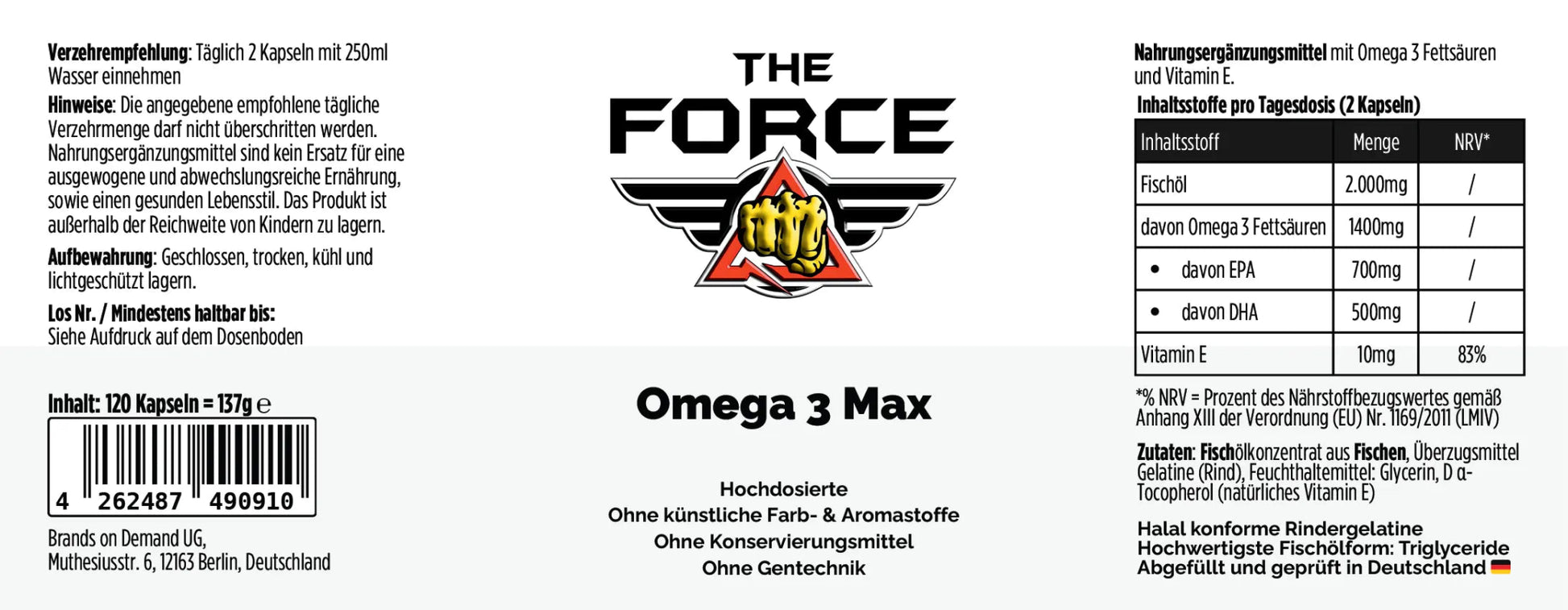 Label of 'The Force' Omega 3 Max supplement with branding and product details.